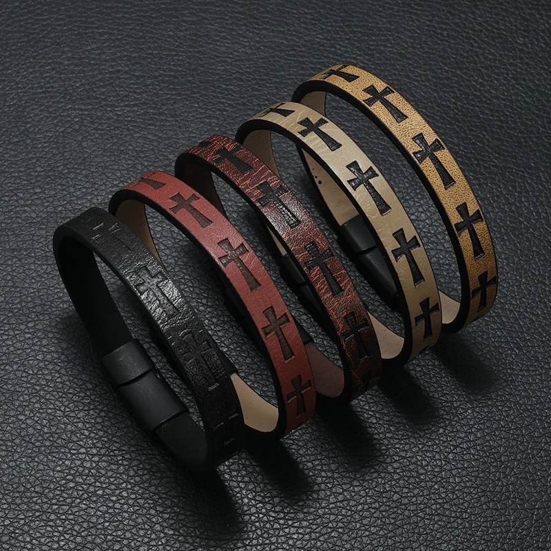 Novel Men Leather Bracelet Detachable Magnet Buckle Punk Cross Braclet Accessories For Him Pulseras Para Hombre Erkek Bileklik