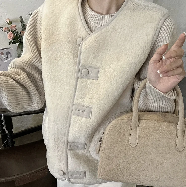 

Double-Sided Wool Leather Inteated Loose Versatile Women's Vest Coat Second Skin Commute Sle Long Sve round Ne Button