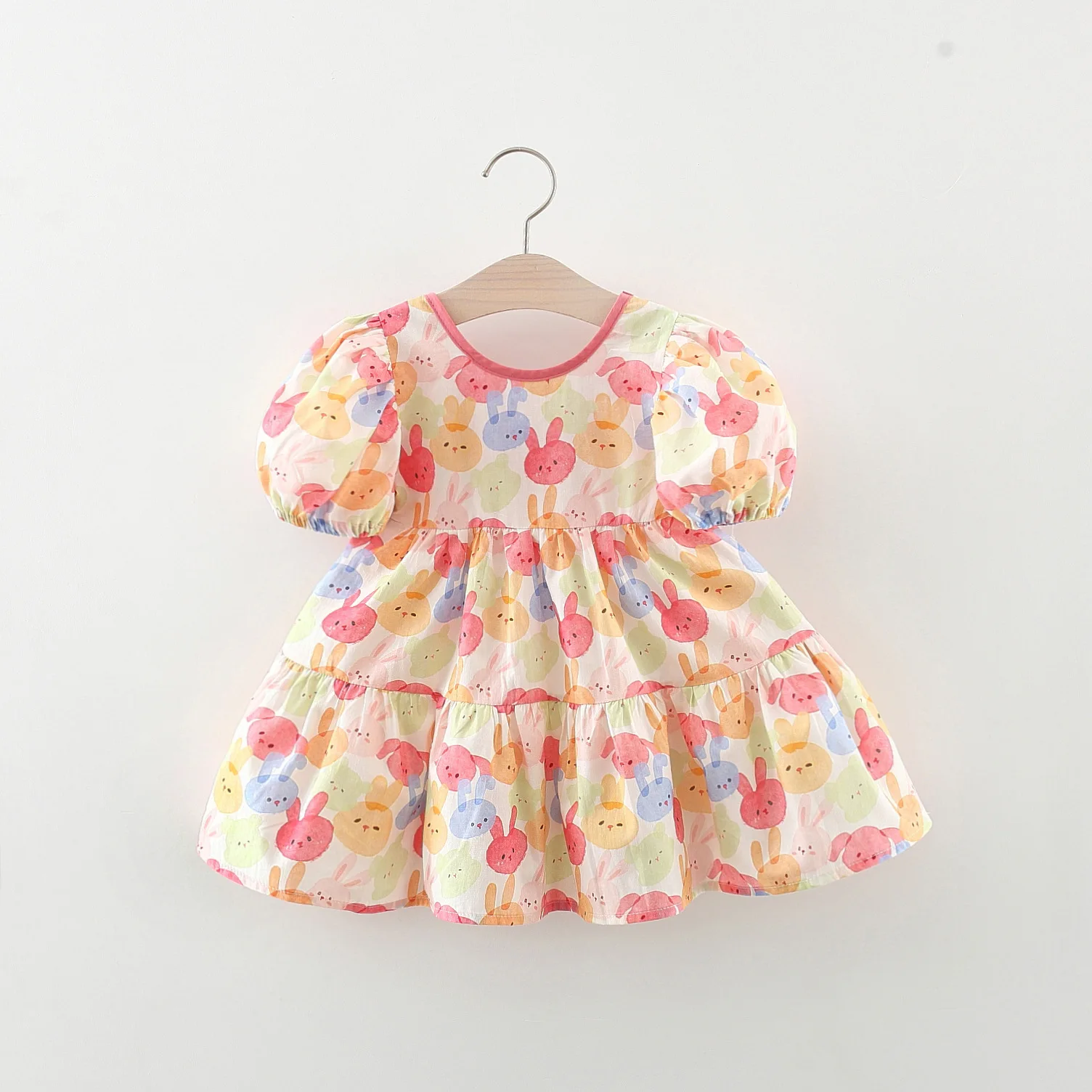 Newborn Children Baby New Summer Pure Cotton Dress Round Neck Bubble Sleeves Cute Little Rabbit Baby Princess Dress 0-3 Years