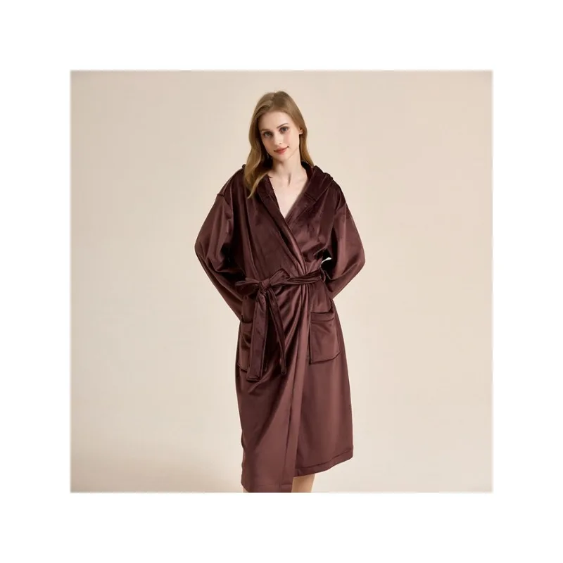 Double-sided Island Fleece Nightgown Fleece Thickened Pajamas Women's Autumn and Winter Medium and Long Hooded Thermal Bathrobe