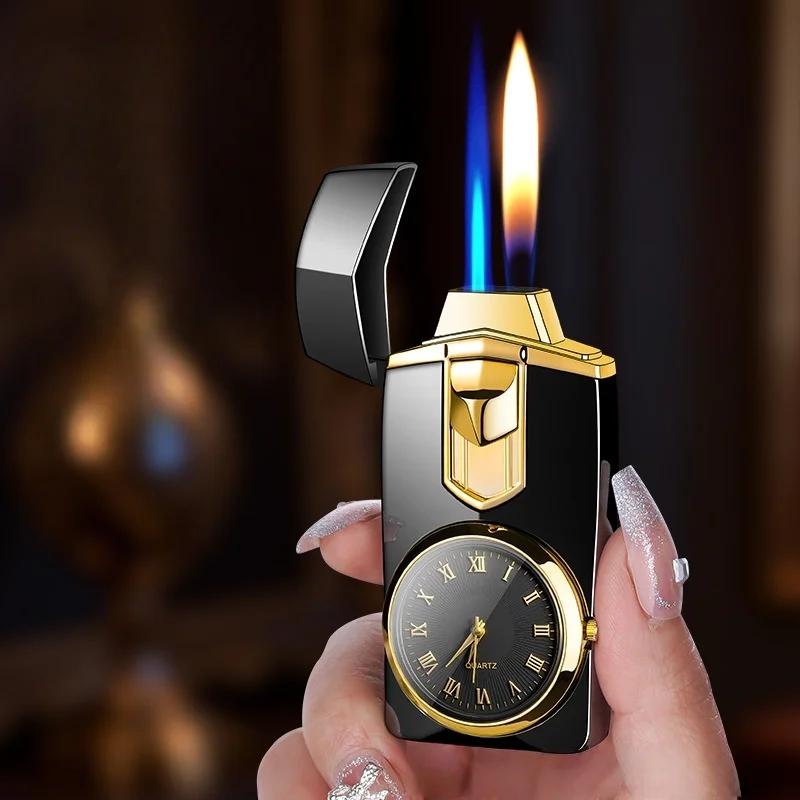Luxury Watch Dial Torch Lighter, Black Gold Plated Refillable Butane Lighter with Real Clock, Elegant Windproof Gift for Men