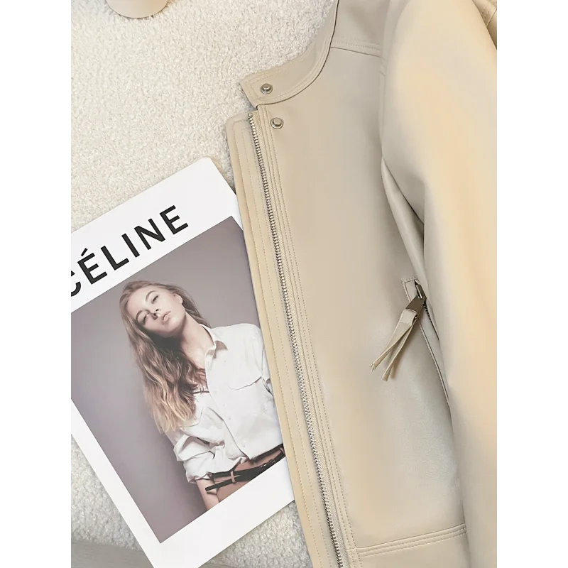 Chaqueta de cuero informal negra para mujer, chaqueta de cuero de manga larga Beige a la moda de alta calidad, chaqueta de motocicleta