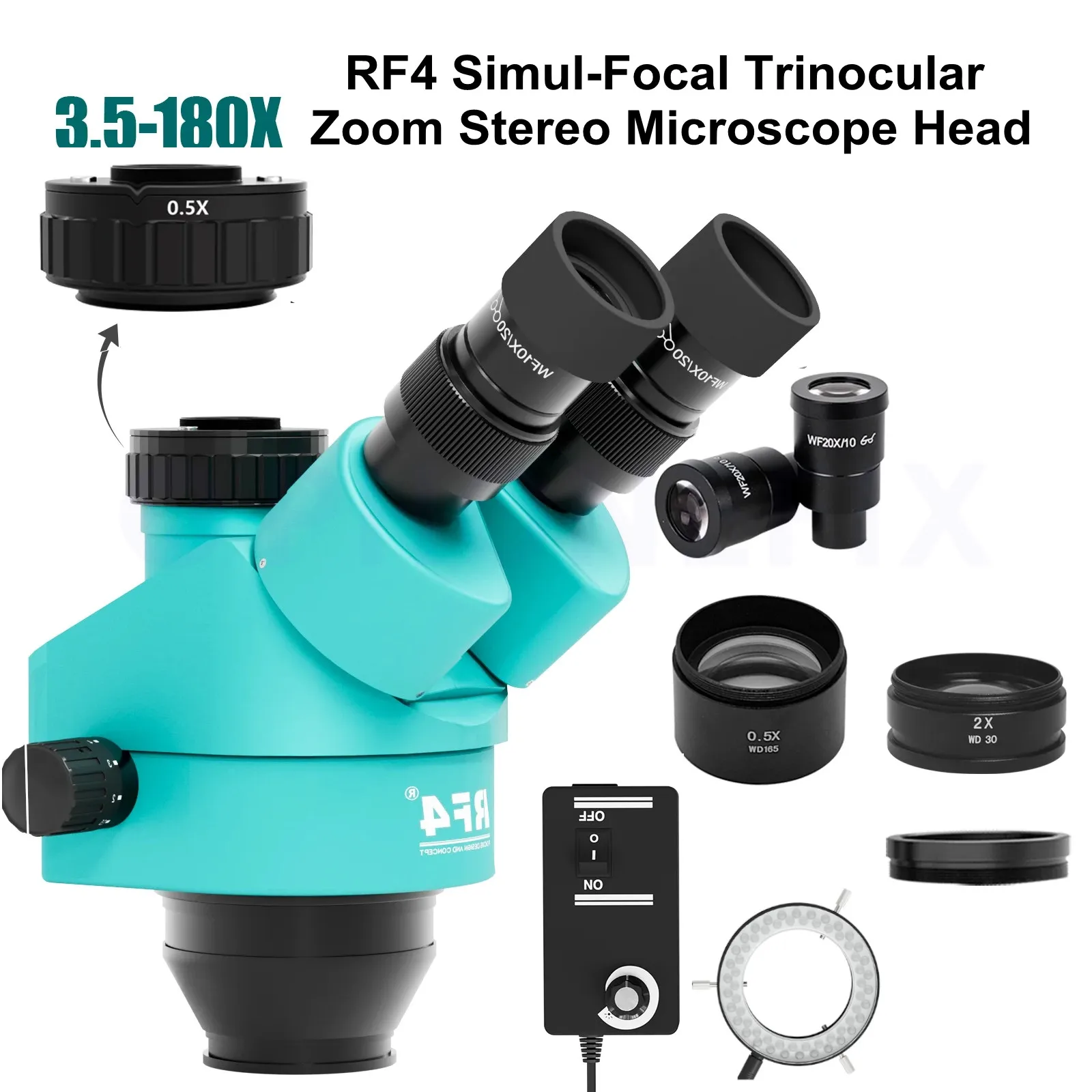 RF4 New Simul Focal Continuous Zoom Trinocular Microscope Head PCB Welding 10X 20X Wide-angle Eyepiece Eye Mask Barlow Lens