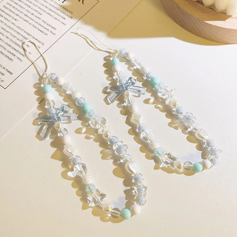 

1 Piece Korean Phone Straps White Blue Color Series Butterfly Bowknot Phone Straps for Student Transpanre Lovely Phone Pendant