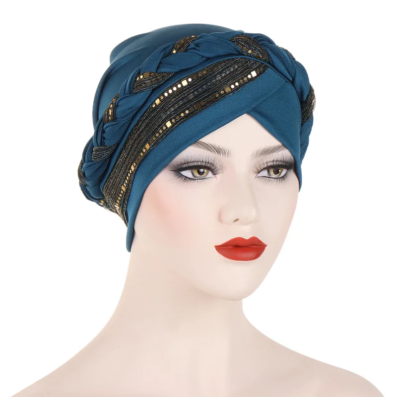 KepaHoo India Lurex Glitter Cross Braid Jersey Turban Hats Beanie Bonnet Canner Islamic Chemo Caps Solid Muslim Hair Loss Cover