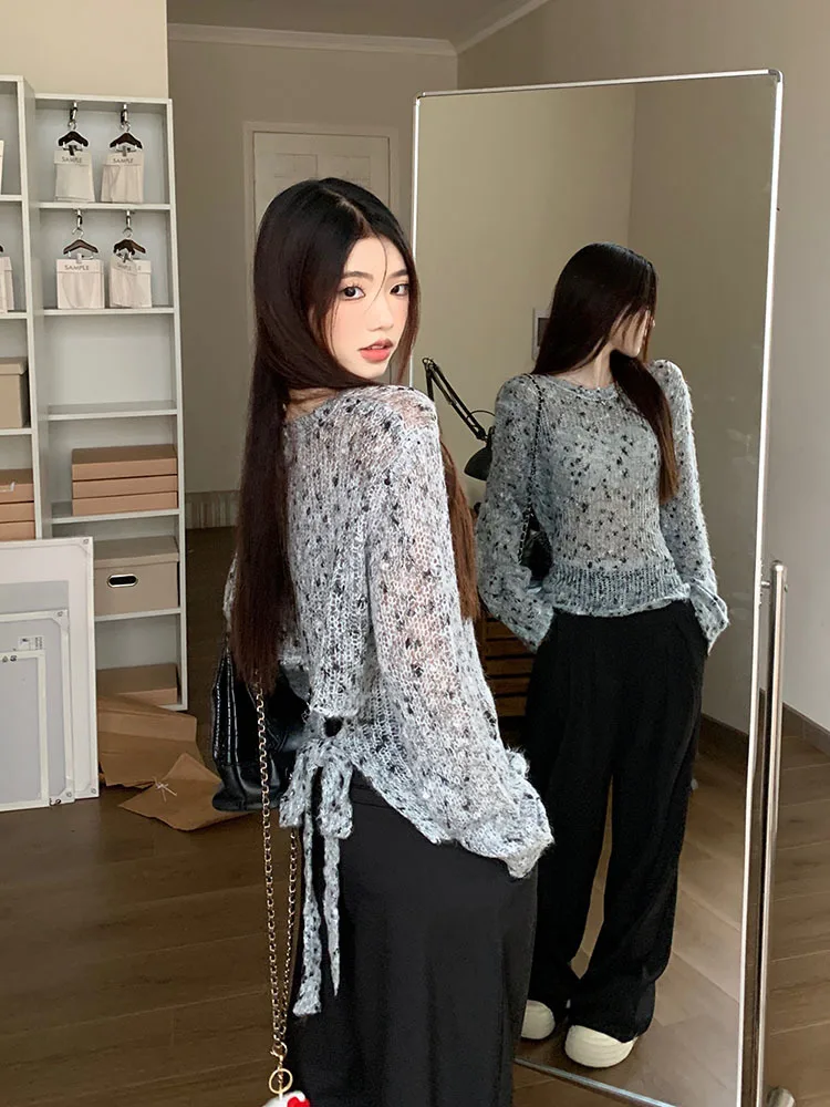 Personality Chic Casual Women Elegant Pullover Hollow Out Y2k Aesthetic Knitted Sweaters Korean Fashion Sweet Bandage Pull Femme