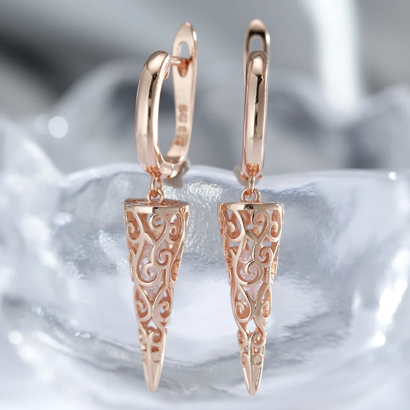 Luxury Hollow Texture Zircon Dangle Earrings for Women 585 Rose Gold Fashion Glossy Earrings Party Wedding Fashion Fine Jewelry