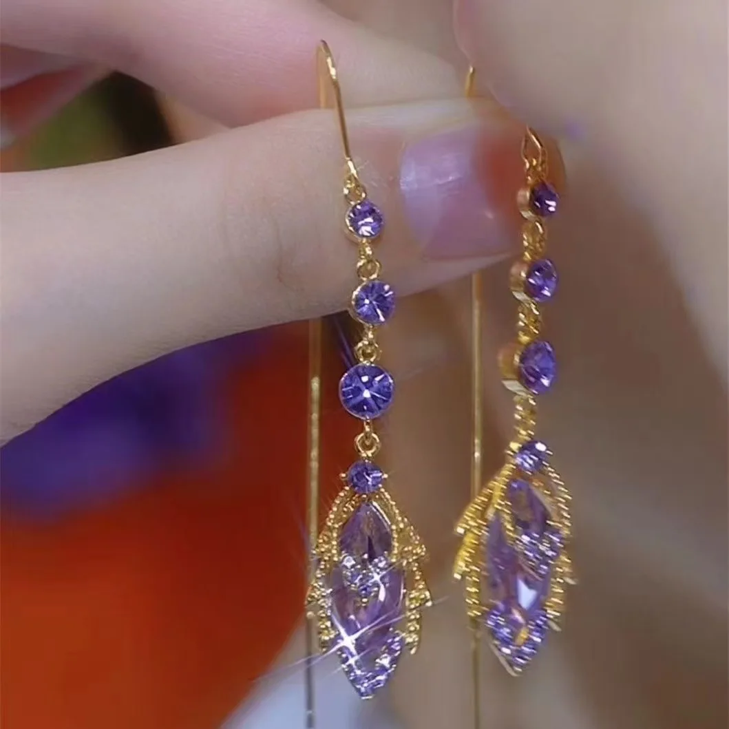 Exquisite Purple Crystal Zircon Drop Earrings for Women Fashion Golden Lines Long Tassel Earring Wedding Party Jewelry Gifts