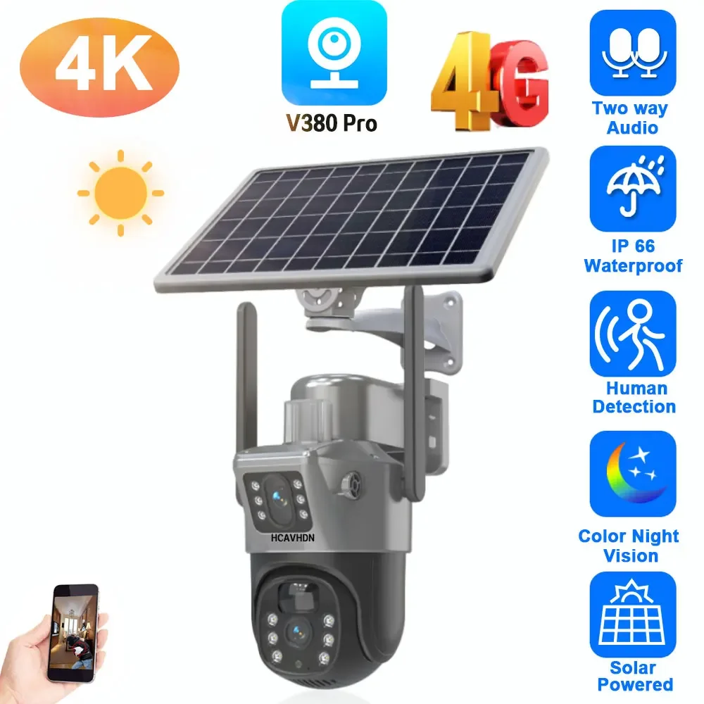 

4K 8MP 4G Dual Lens Solar PTZ Security Camera Dual Screens PIR Human Auto Tracking Outdoor Wireless CCTV Surveillance Camera