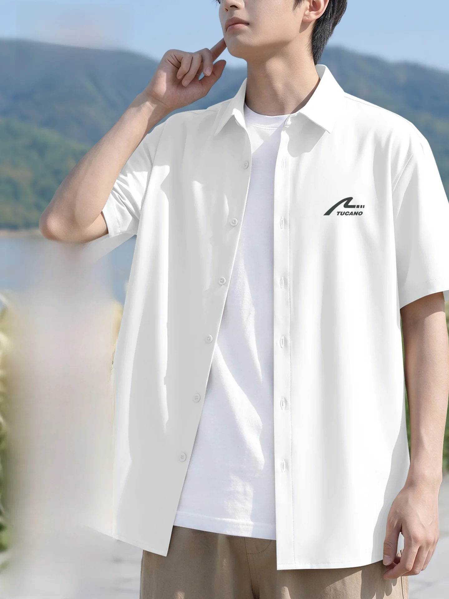 Conjunto de Camisa Masculina TUCANO de Manga Curta com Toque Gelado, Nova Coleção Verão 2026, Branco, Casual Esportivo, Sensação de Moda Jovem e Elegante
