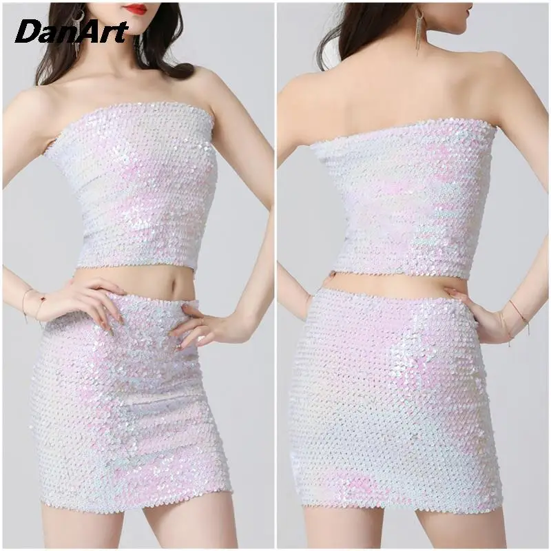 Girly Shiny Chest Wrap Top and Short Skirts Set Women Sequin Slim Party Prom Nightclub Carnival Appare Holiday Performance Set