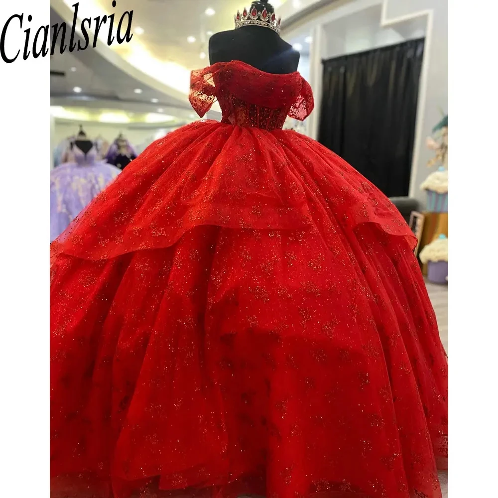 Red Sequined Crystal Ruffles Bow Ball Gown Quinceanera Dresses Off The Shoulder Pleat Beading Corset Vestidos De 15 Años