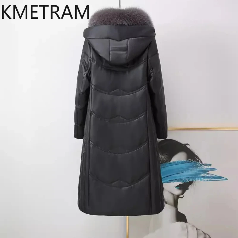 

Пуховики из 100% овчины, женские черные длинные куртки-пуховики из натуральной кожи с капюшоном, воротник из лисьего меха, 2025 г., зимняя женская одежда