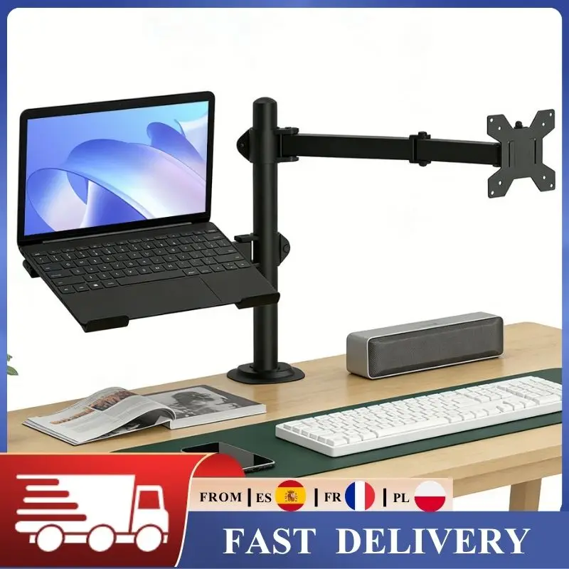 Soporte de escritorio 2 en 1 universal para monitor y portátil, soporte ergonómico para dos pantallas de 13-27 pulgadas y portátiles de hasta 17 pulgadas, carga de hasta 8 kg