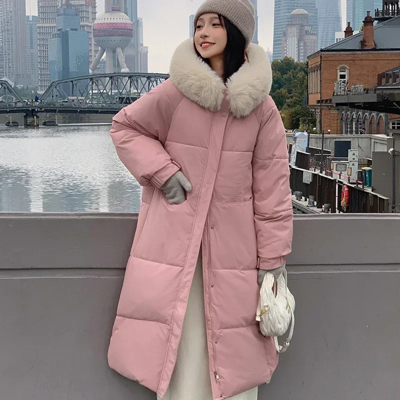 2024 New Down and Cotton Jacket for Women Mid to Long, Knee Length, Large Fur Collar Loose Hooded Jacket