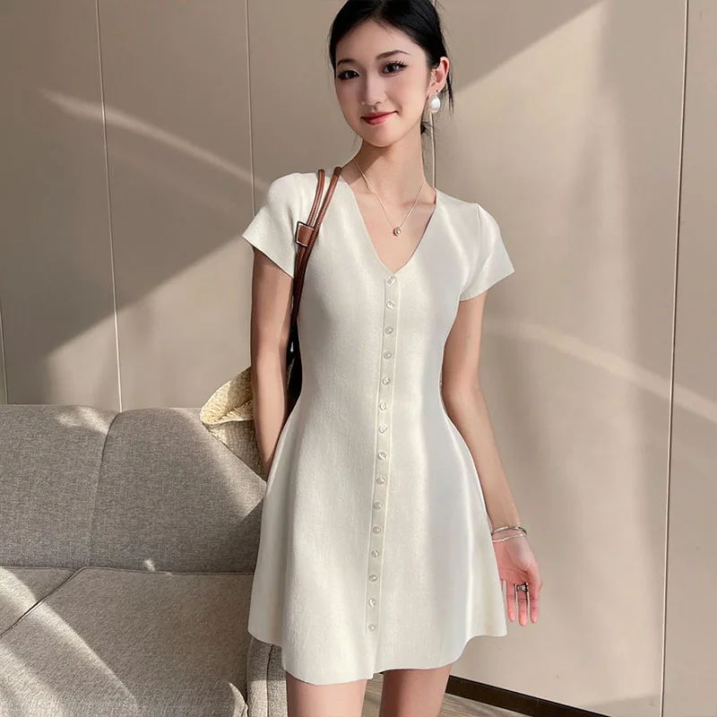 

Women Simple Solid Commute V-neck Knitted Dress Summer Fashion Elegant Loose Short Sleeve Mini Dresses
