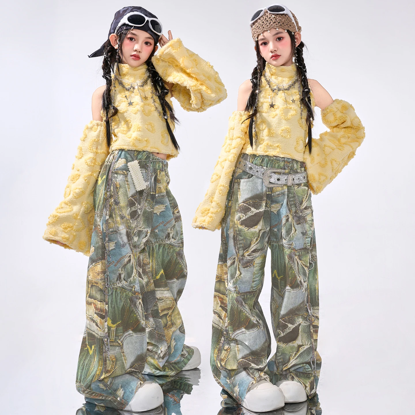 Moda hip-hopowa dla młodzieży, cekinowe crop topy, spodnie cargo w kamuflażu, zestawy ubrań K-pop dla dziewcząt, kostiumy jazzowe dla dzieci, odzież uliczna dla dzieci.