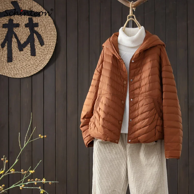 Schinteon Women Ultralight White Duck Down Jacket with Hood Autumn Winter Outwear Casual Over Size Loose Korean Style Coat 2024