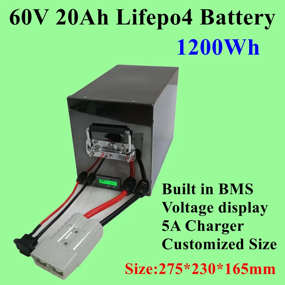 Metal case Lifepo4 Battery Pack 60V 20Ah with strong BMS for 2000W 3000w skateboard three wheeler  E-Scooter E-bike +5A Charger.