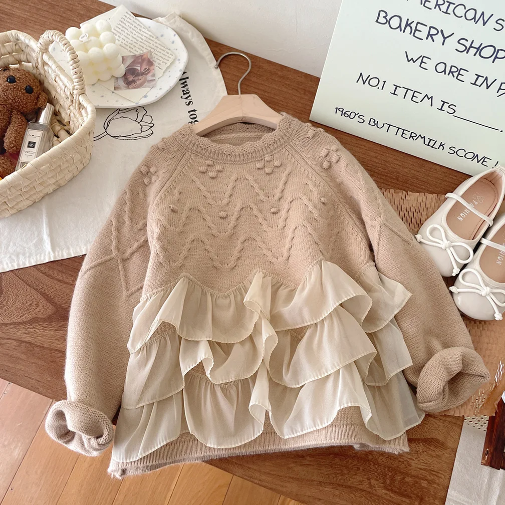 Girls Sweater Autumn Winter Children Knitted Lace Sweatshirts For Baby 1 To 7 Years Woolen Tops Clothes Kids Pullover Sweater