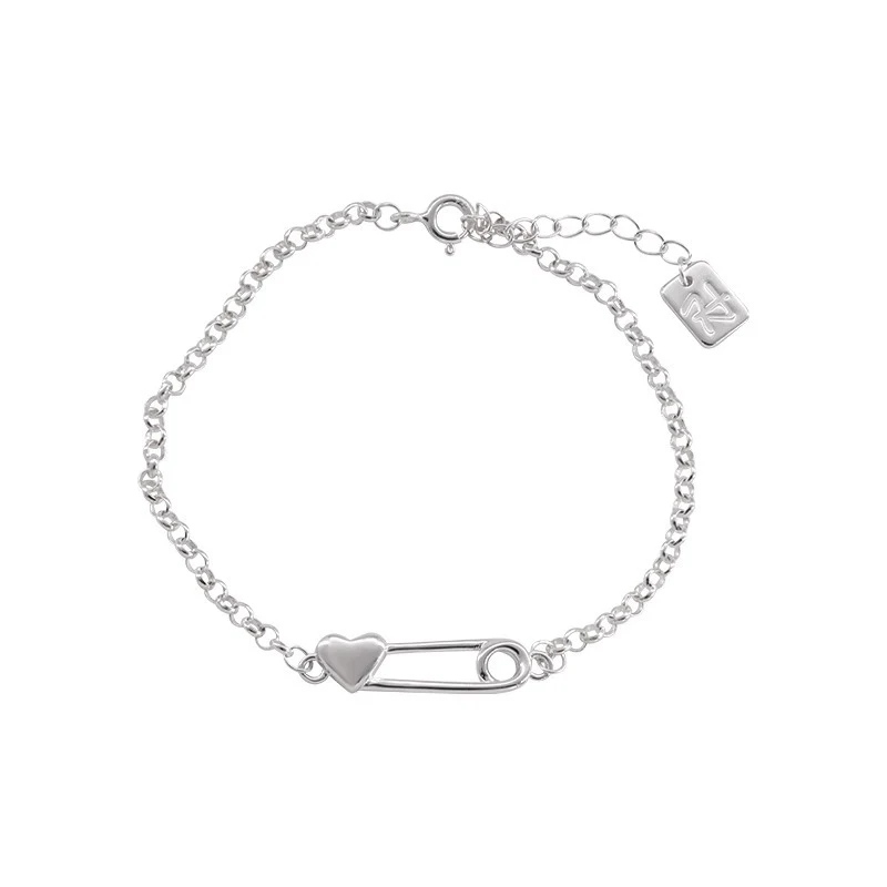 Foxanry Silver Color Love Heart Pin Bracelets For Women Girls Simple Creative Trendy Temperament Sweet Birthday Jewelry Gifts