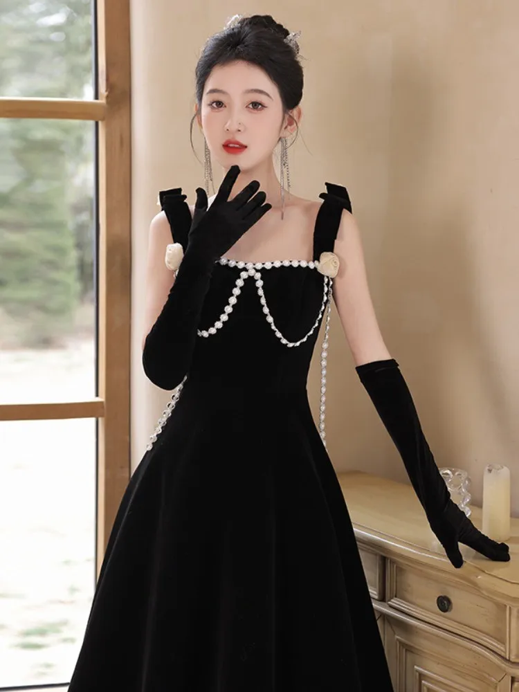 

Black banquet new light luxury small sense art test graduation host dress