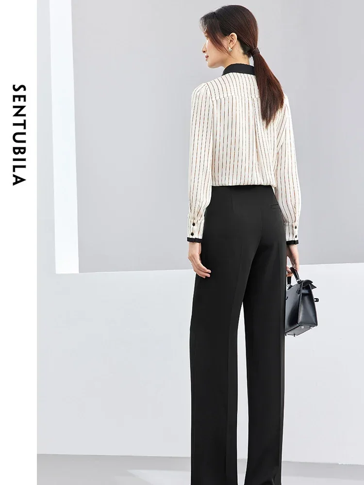 SENTUBILA Two Piece Women Sets Striped Casual Shirt Black Dress Pants 2024 Spring Autumm Commute Business Outfits 141Z53065