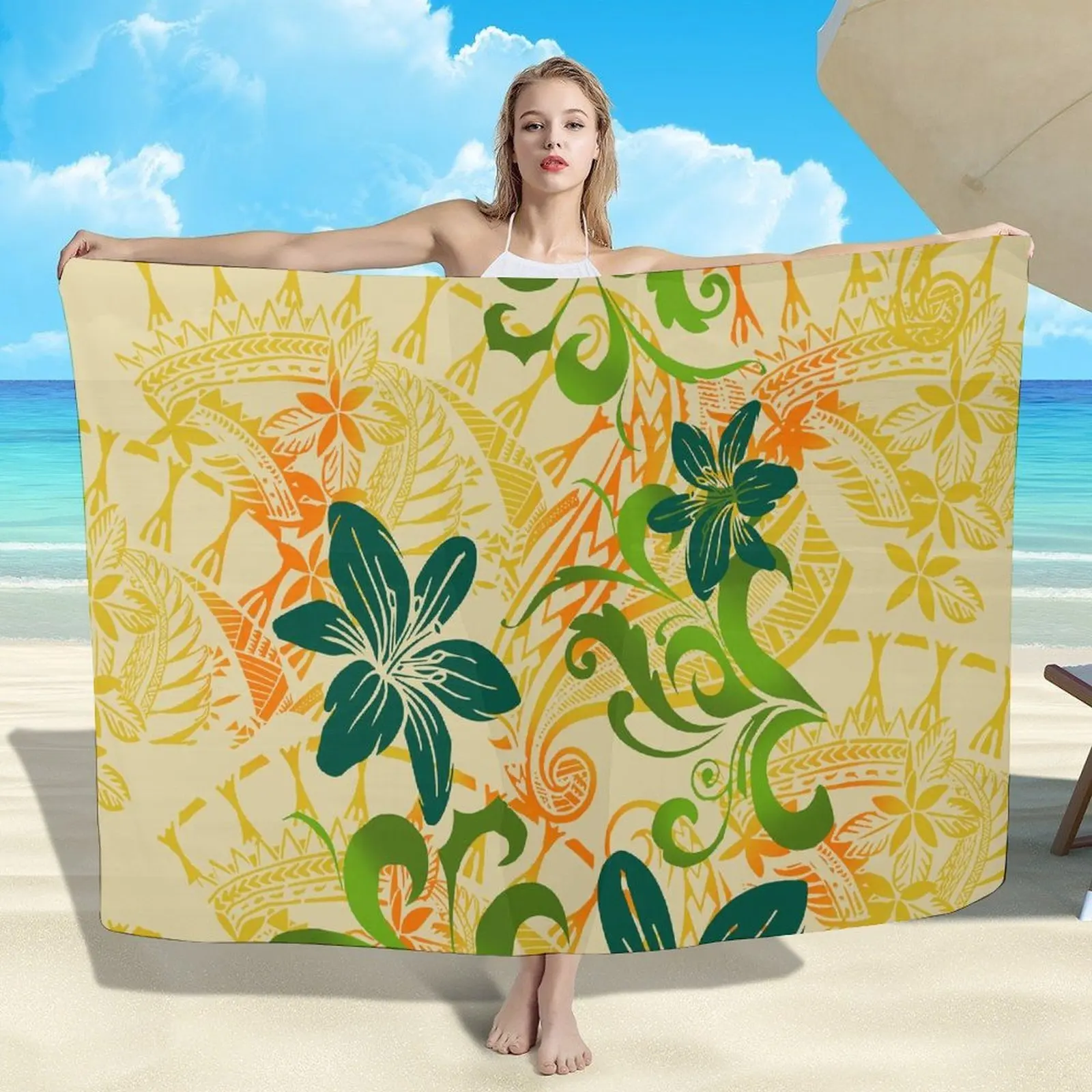 Tribal Designed Printed Pattern Summer Polynesian Customized Chiffon Wrap Dress Must-Have Beach Shawl For Sun Protection