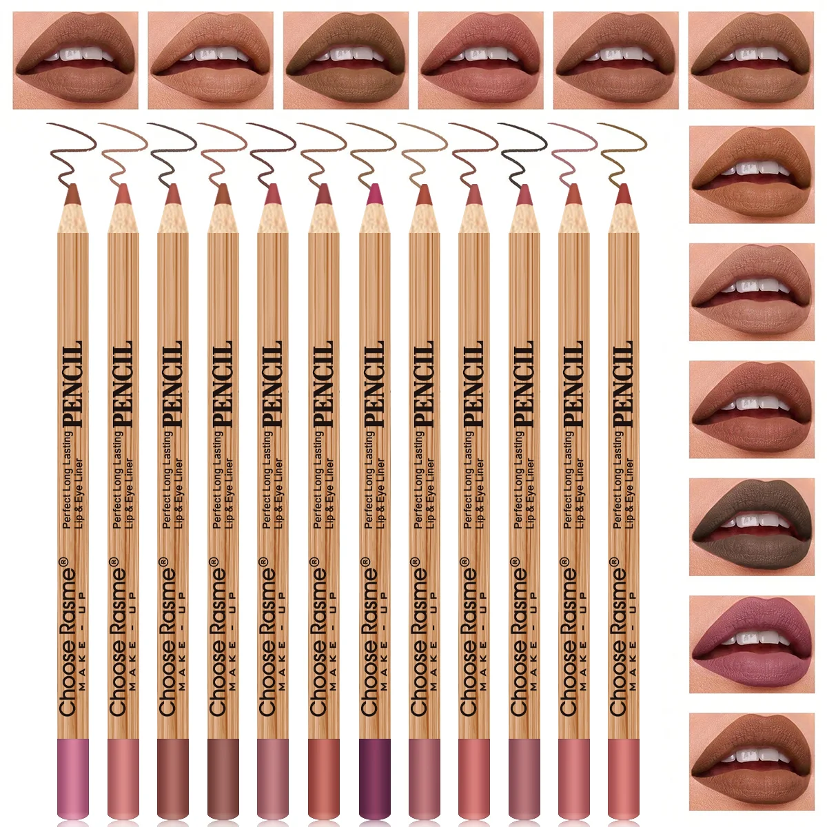 12-color lip liner set, wooden design, can be sharpened, matte nude shades, easy-to-apply lipstick liners