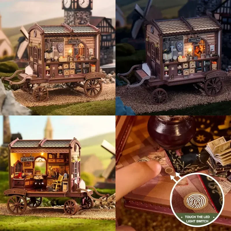 Retro Magic Carriage Cabin DIY Wooden House Figurines Miniatures Kits Bookshelf Home Decoration Crafts For Adult Handmade