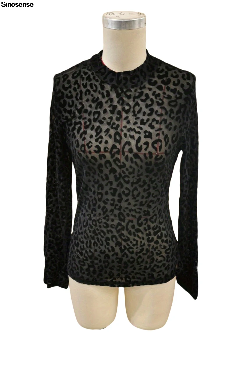 Damski siatkowy top z długim rękawem Leopard Print See Through Mock Neck Sheer Blouce Fishnet Shirt Y2K Street Date Night Club Party Tops