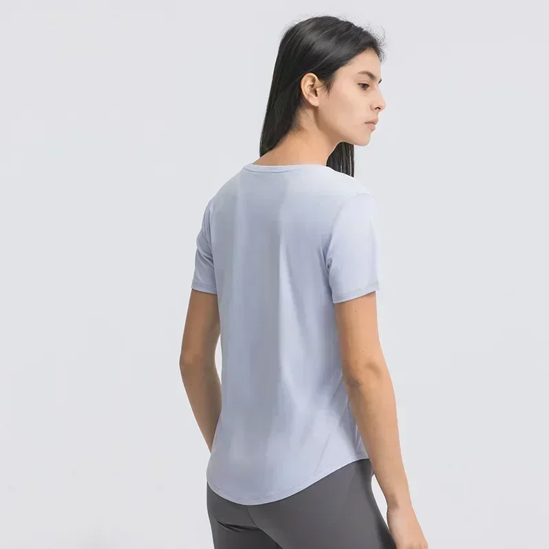 Zitrone Frauen Yoga Kurzarm atmungsaktiv Laufsport Top gebogenen Saum lässig T-Shirt elastische Geschwindigkeit trockene Fitness-Kleidung