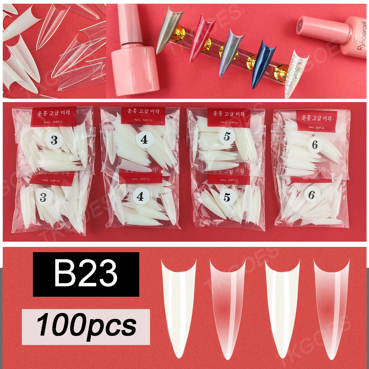 

B23 Long Stiletto Fake Nail Tips 100 Pieces Single Size Refill Pack Size 0 1 2 3 4 5 6 7 8 9 False Nail Tips for Nail Art Design