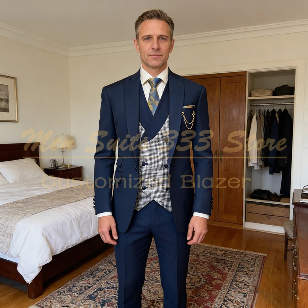 

Formal Wedding Men's Suits Navy Blue Regular Fit Peak Lapel Blazer Wth Trousers Fashion 3 Piece Jaket Pants Vest Full Sets