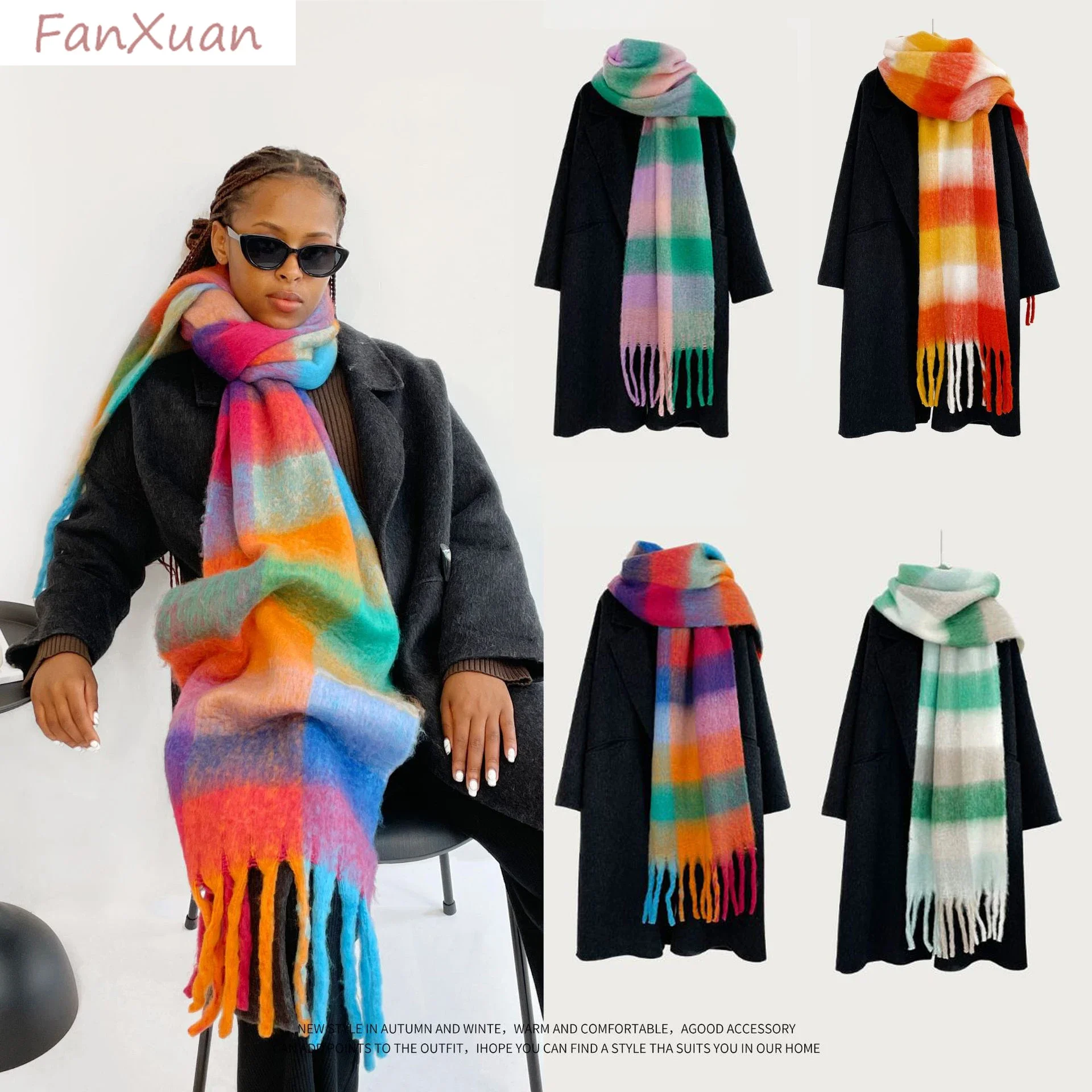 Colorful Rainbow Classic Plaid Long Scarf for Women 2023 New Winter Thick Warm Plush Shawl Vintage Scarves 210x40cm