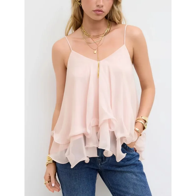 Women Fashion Layered Top Off the Shoulder Backless Casual Top Solid Color Ruffle Trim Camis Chic Trend 2026 Chiffon Tops