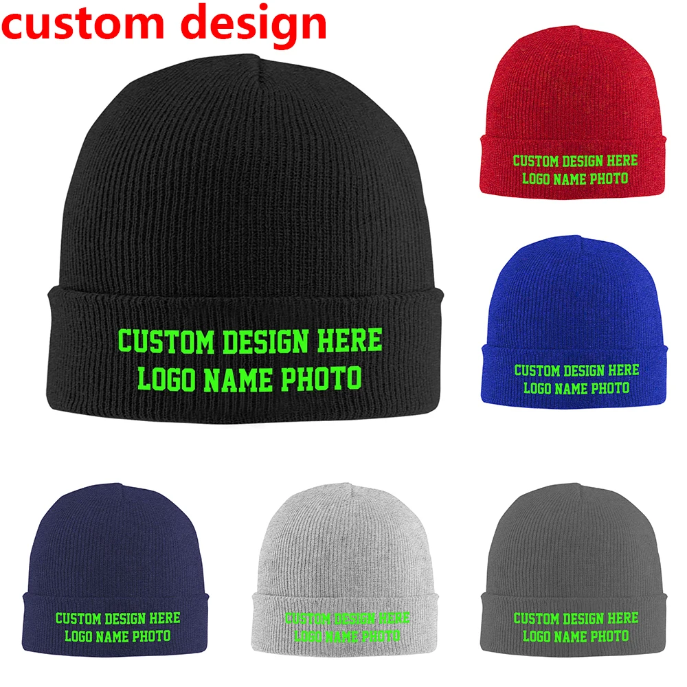 New Custom Logo Unisex Knitted Hat Outdoor Warm Men Solid Color Crimping Skullies Beanie Cap Hip Hop for Women Winter Ski Caps