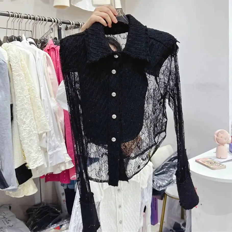 Autumn new lace mesh patchwork tweed elegant women shirt Fashion lapel single breasted blouse Female tops Y4526