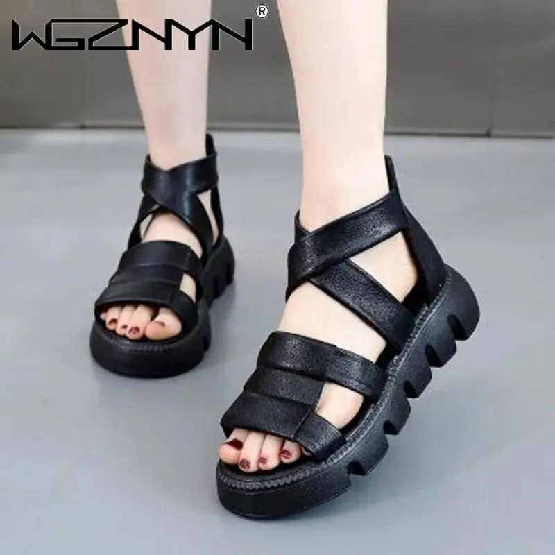 New Design Women Gladiator Retro Sandals Summer Open Toe Cool Boots Ladies Genuine Leather High Heel Platform Casual Sandals