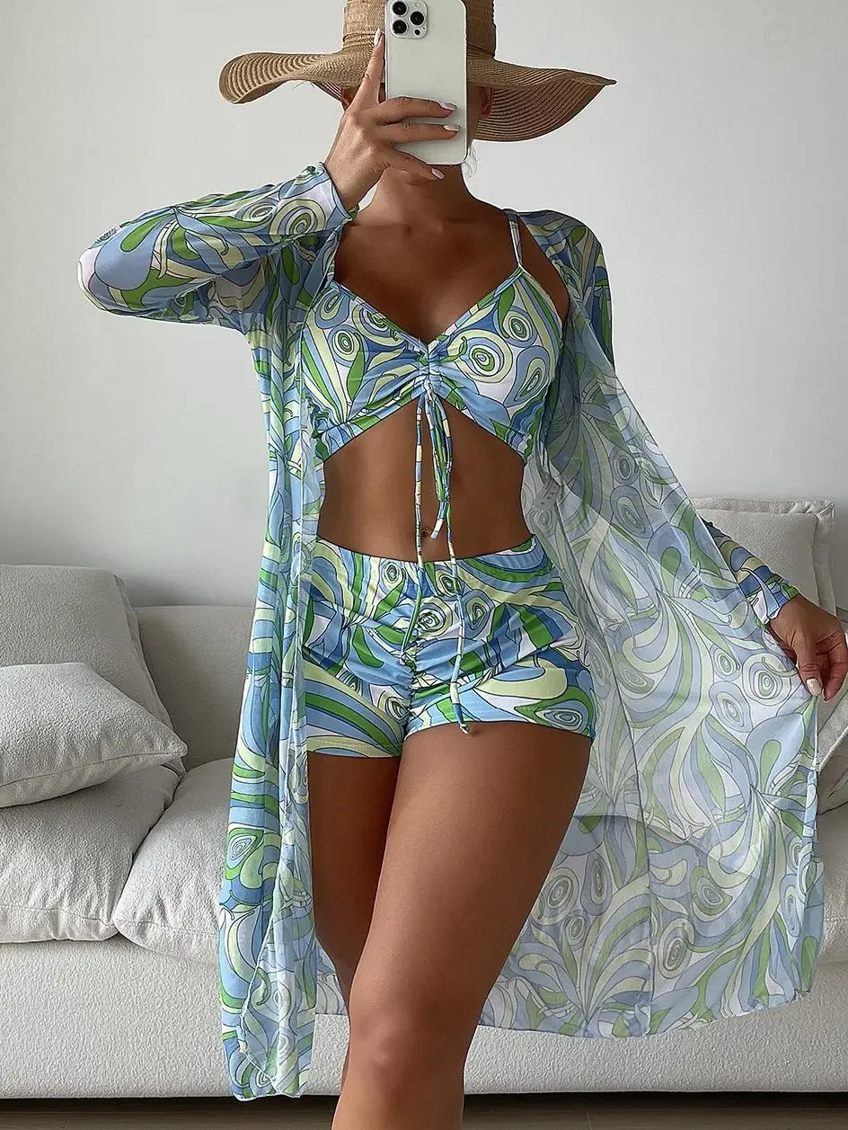 3-delige sexy print bikini 2024 vrouwen hoge taille badpak cover-up badmode vrouwelijke dame badpak zwemmen zomer strandkleding