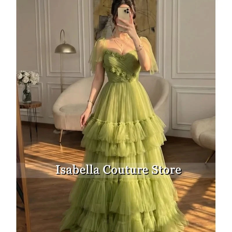 Formal Occasions Evening Dresses Green Handmade Layered Tulle Prom Dresses A-line Princess Dress Party Dresses