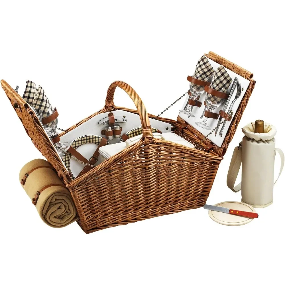 

English-Style Willow Picnic Basket with Service for 4 and London Plaid Blanket - Perfect Outdoor Companion