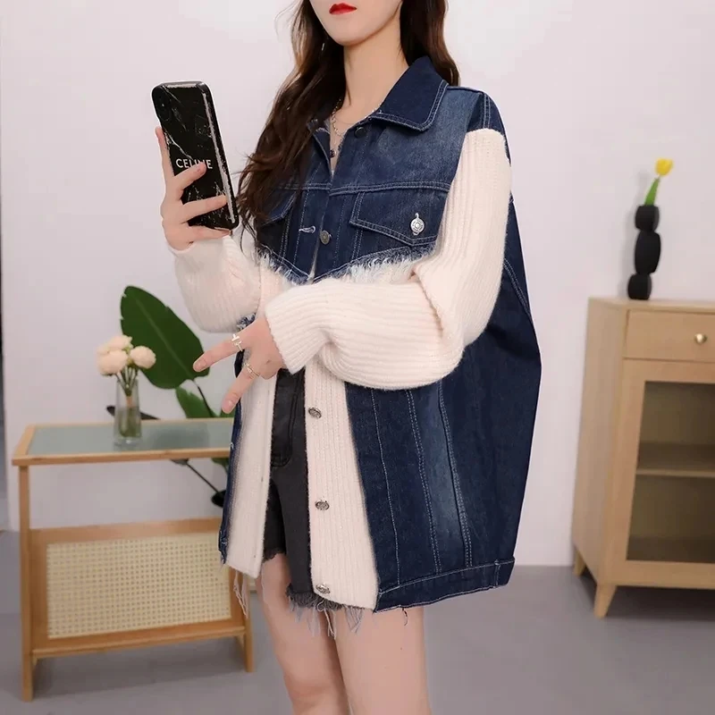 

Spring Autumn New Sweater Splicing Denim Jacket Women's Single-Breasted Jeans Coat Female Casual Cowboy Overcoat Ladies Tops