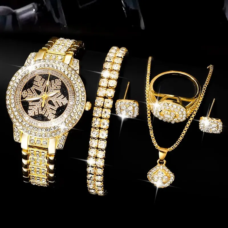 Luxury Golden Watch Women Ring Necklace Earrings Rhinestone Fashion Wristwatch Female Casual Ladies Watches Bracelet Set Clock