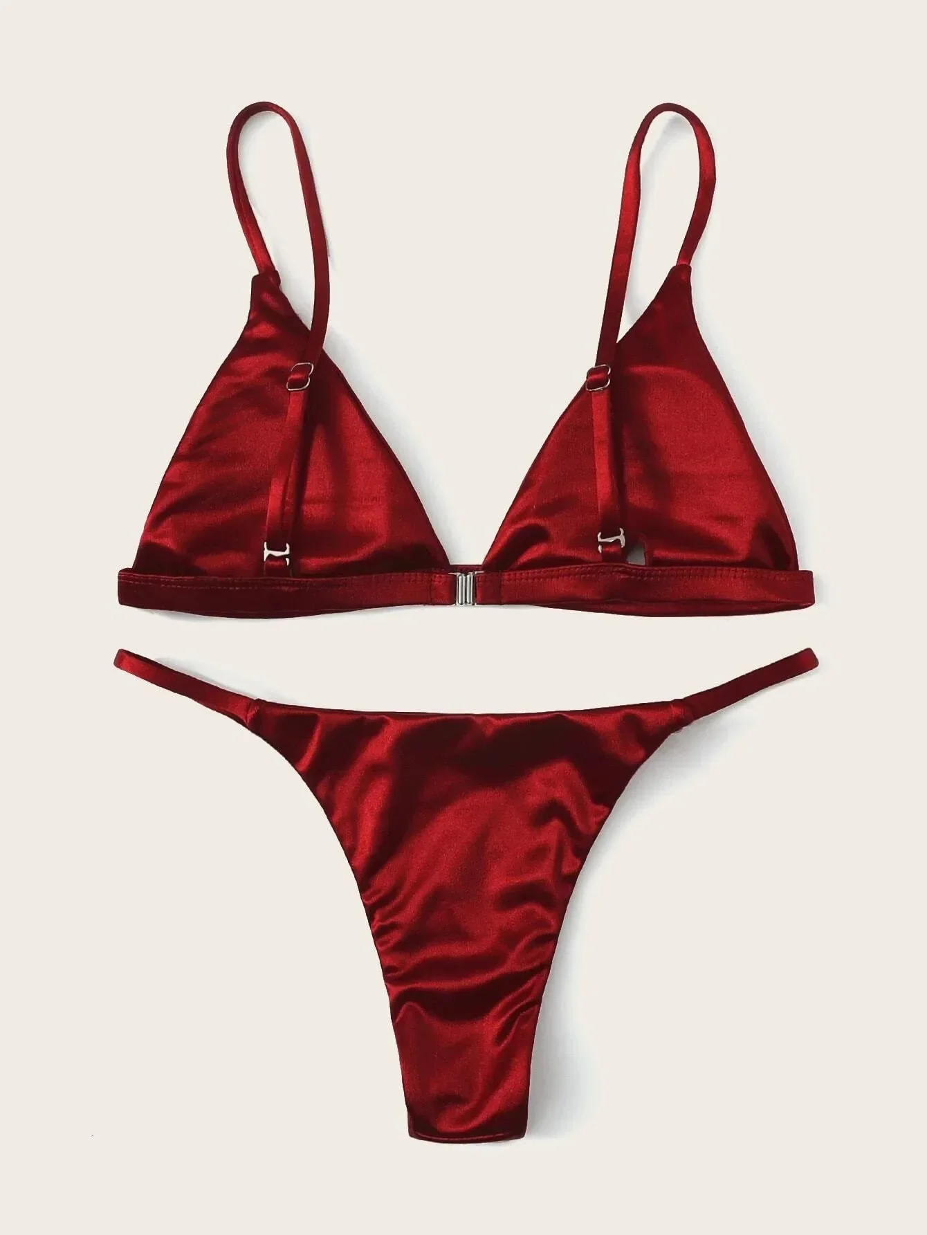 Sexy cetim vinho vermelho triângulo micro bikini define duas peças tanga maiô roupas de praia para mulher conjunto de biquíni