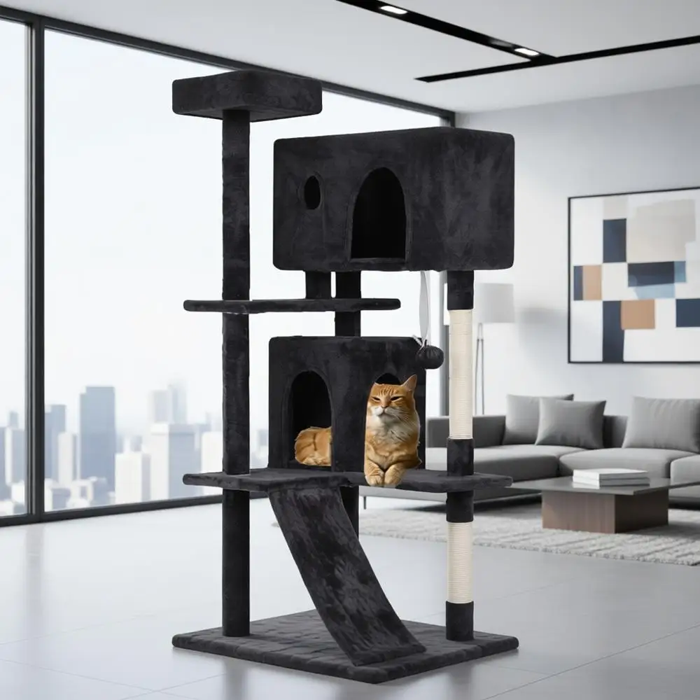 

Многоуровневая прочная кошачья башня с когтеточкой, платформой для прыжков и игровым домиком для домашних кошек, темно-серый