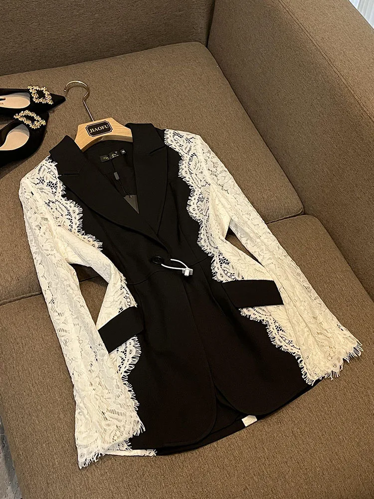 HIGH STREET 2024 Newest Fashion Designer Jacket Women\'s Stylish Color Block Lace Patchwork Blazer