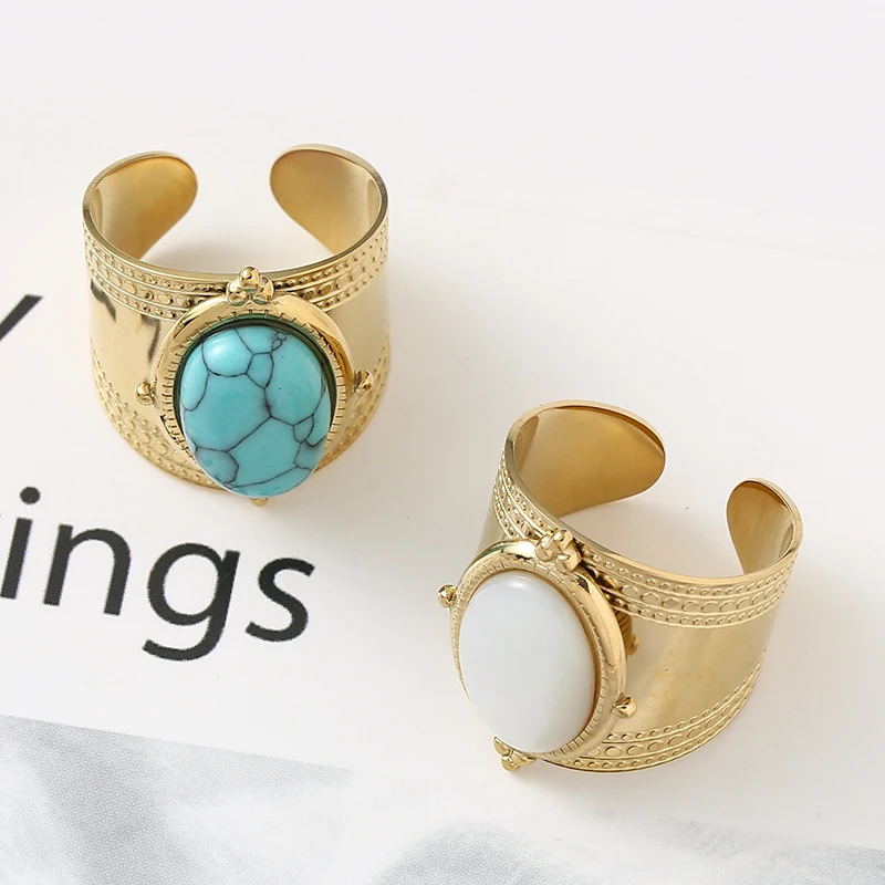 Stainless Steel Rings Green Natural Turquoise Open Rings for Women Golden 14K Plated Wide Ring Trendy Female Jewelry 2022 Luxury