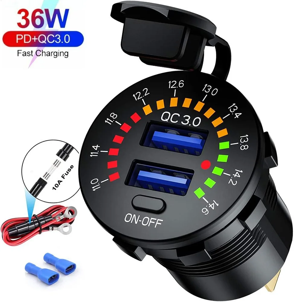 QC3.0 36W 6A Dual USB Charger Socket Voltmeter Switch Waterproof USB Outlet Fast Charger for 12V Car Boat Motorcycle Truck Golf