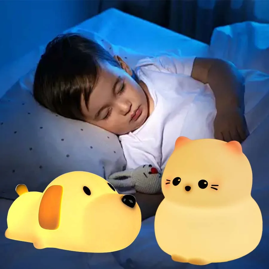 Puppy Cat Night Light Rechargeable Nursery Led Table Lamp Silicone Kawaii Birthday Gifts for Kids Toddler Room Bedroom Decor